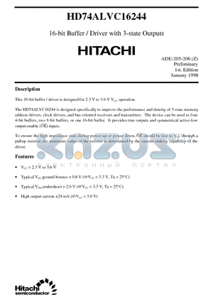 HD74ALVC16244 datasheet - 16-bit Buffer / Driver with 3-state Outputs