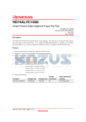 HD74ALVC1G80VSE datasheet - Single Positive Edge-triggered D-type Flip Flop