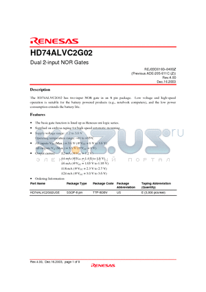 HD74ALVC2G02USE datasheet - Dual 2-input NOR Gates