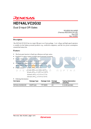 HD74ALVC2G32 datasheet - Dual 2-input OR Gates