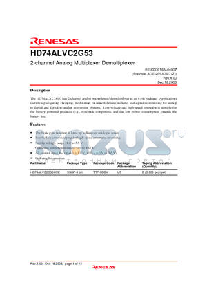 HD74ALVC2G53 datasheet - 2-channel Analog Multiplexer Demultiplexer