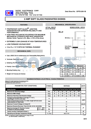 GP200 datasheet - 2 AMP SOFT GLASS PASSIVATED DIODES