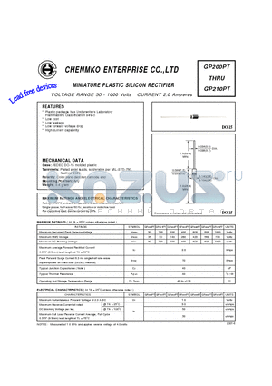 GP200PT datasheet - MINIATURE PLASTIC SILICON RECTIFIER