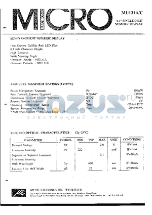 MU131A datasheet - 0.3 SINGLE DIGIT NUMERIC DISPLAY