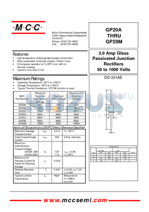 GP20A datasheet - 2.0 Amp Glass Passivated Junction Rectifiers 50 to 1000 Volts