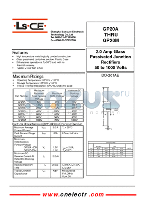GP20A datasheet - 2.0Amp glass passivated junction rectifiers 50to1000 volts