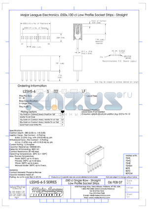 LSSHS-6-S datasheet - .050 cl Single Row - Straight Low Profile Socket Strips