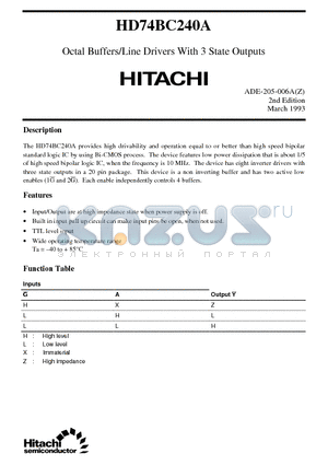 HD74BC240A datasheet - Octal Buffers/Line Drivers With 3 State Outputs