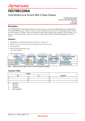 HD74BC240AP datasheet - Octal Buffers/Line Drivers With 3 State Outputs