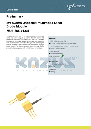 MU3-808-04 datasheet - 3W 808nm Uncooled Multimode Laser Diode Module