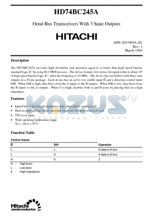 HD74BC245A datasheet - Octal Bus Transceivers With 3 State Outputs