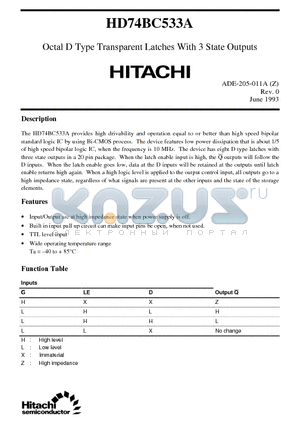 HD74BC533A datasheet - Octal D Type Transparent Latches With 3 State Outputs