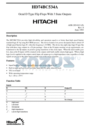 HD74BC534A datasheet - Octal D Type Flip Flops With 3 State Outputs