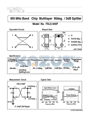 LC-FSLC-045P-0407A datasheet - 450 MHz Band Chip Multilayer 90deg. / 3dB Splitter