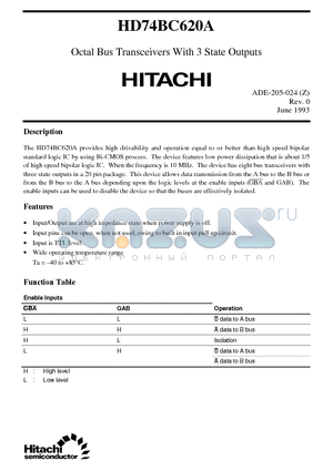 HD74BC620A datasheet - Octal Bus Transceivers With 3 State Outputs