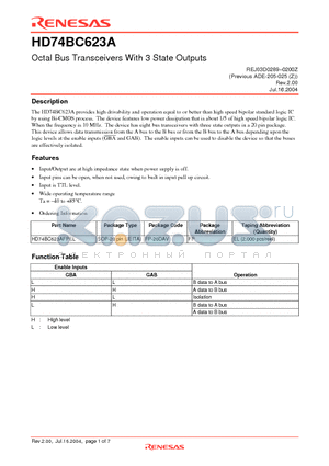 HD74BC623A datasheet - Octal Bus Transceivers With 3 State Outputs