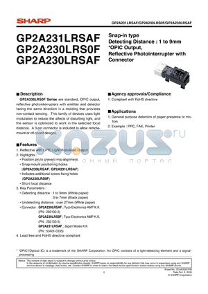 GP2A230LRS0F datasheet - Snap-in type Detecting Distance : 1 to 9mm OPIC Output, Refl ective Photointerrupter with Connector
