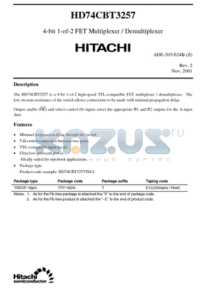 HD74CBT3257 datasheet - 4-bit 1-of-2 FET Multiplexer / Demultiplexer