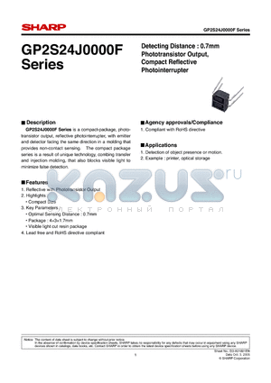 GP2S24BCJ00F datasheet - Detecting Distance : 0.7mm Phototransistor Output, Compact Refl ective Photointerrupter