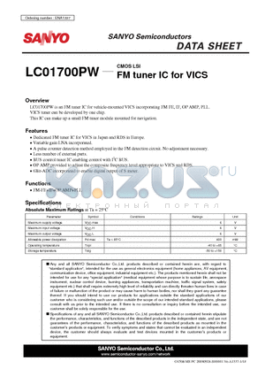 LC01700PW datasheet - CMOS LSI FM tuner IC for VICS