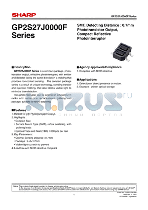 GP2S27BJ000F datasheet - SMT, Detecting Distance : 0.7mm Phototransistor Output, Compact Refl ective Photointerrupter