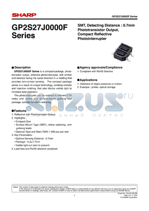 GP2S27T5J00F datasheet - SMT, Detecting Distance : 0.7mm Phototransistor Output, Compact Refl ective Photointerrupter