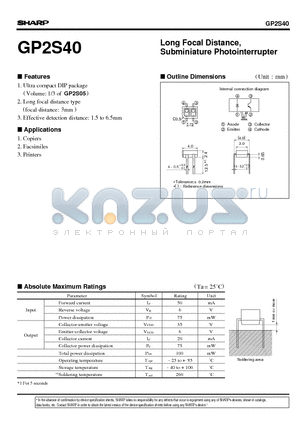 GP2S40 datasheet - Long Focal Distance, Subminiature Photointerrupter