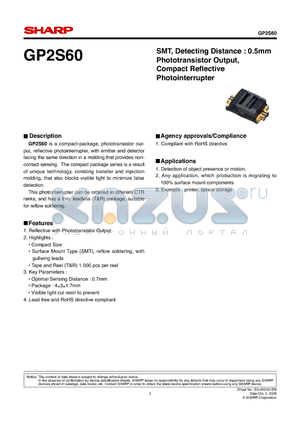 GP2S60_05 datasheet - SMT, Detecting Distance : 0.5mm Phototransistor Output, Compact Refl ective Photointerrupter