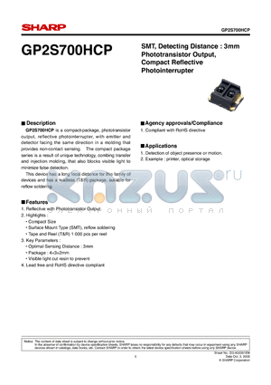GP2S700HCP datasheet - SMT, Detecting Distance : 3mm Phototransistor Output, Compact Refl ective Photointerrupter