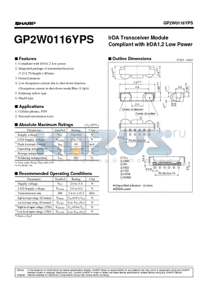 GP2W0116YPS datasheet - IrDA Transceiver Module Compliant with IrDA1.2 Low Power