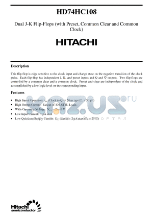 HD74HC108 datasheet - Dual J-K Flip-Flops (with Preset, Common Clear and Common Clock)