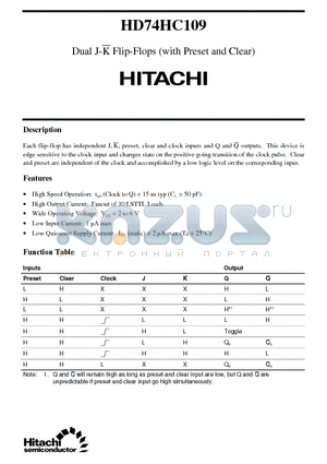 HD74HC109 datasheet - Dual J-K Flip-Flops (with Preset and Clear)