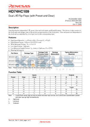 HD74HC109FPEL datasheet - Dual J-K Flip-Flops (with Preset and Clear)