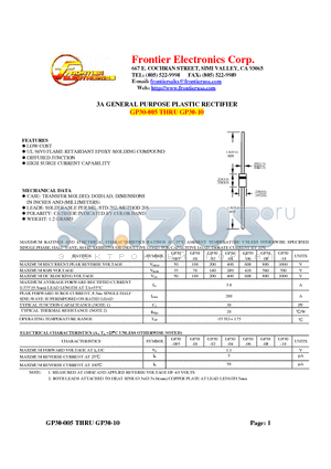 GP30-005 datasheet - 3A GENERAL PURPOSE PLASTIC RECTIFIER