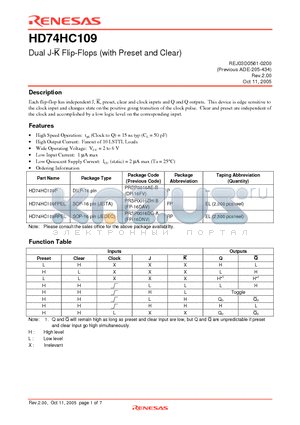 HD74HC109RPEL datasheet - Dual J-K Flip-Flops (with Preset and Clear)