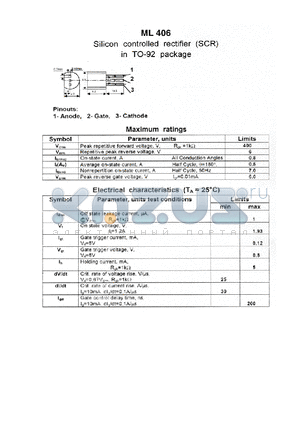 ML406 datasheet - Silicon controlled rectifier (SCR) in To-92 package