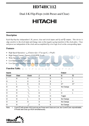 HD74HC112 datasheet - Dual J-K Flip-Flops (with Preset and Clear)