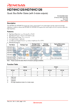 HD74HC125TELL datasheet - Quad. Bus Buffer Gates (with 3-state outputs)