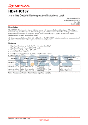 HD74HC137RPEL datasheet - 3-to-8-line Decoder/Demultiplexer with Address Latch