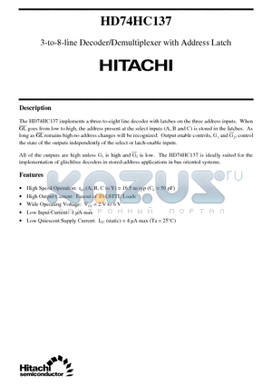 HD74HC137 datasheet - 3-to-8-line Decoder/Demultiplexer with Address Latch