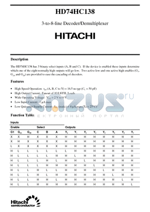 HD74HC138 datasheet - 3-to-8-line Decoder/Demultiplexer