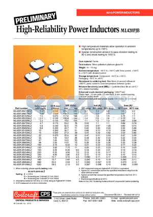 ML420PJB105MLZ datasheet - High-Reliability Power Inductors