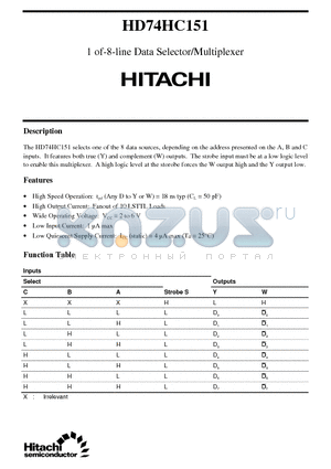 HD74HC151 datasheet - 1 of-8-line Data Selector/Multiplexer