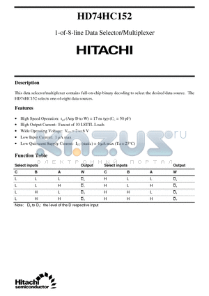 HD74HC152 datasheet - 1-of-8-line Data Selector/Multiplexer