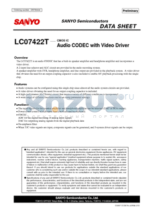 LC07422T datasheet - CMOS IC Audio CODEC with Video Driver