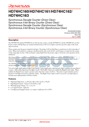 HD74HC160 datasheet - Synchronous Decade Counter (Direct Clear)