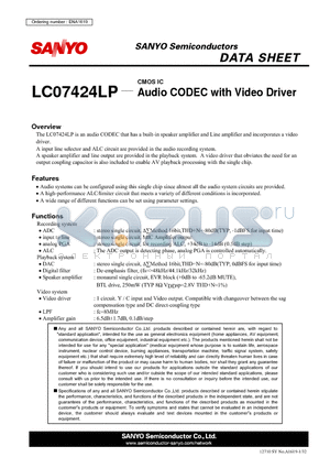 LC07424LP datasheet - CMOS IC Audio CODEC with Video Driver