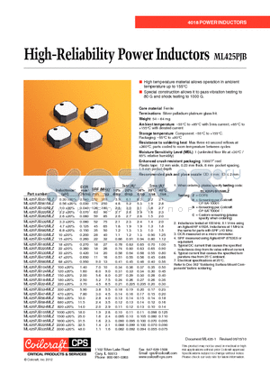 ML425PJB185MLZ datasheet - High-Reliability Power Inductors