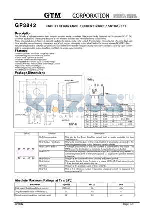 GP3842 datasheet - HIGH PERFORMANCE CURRENT MODE CONTROLERS