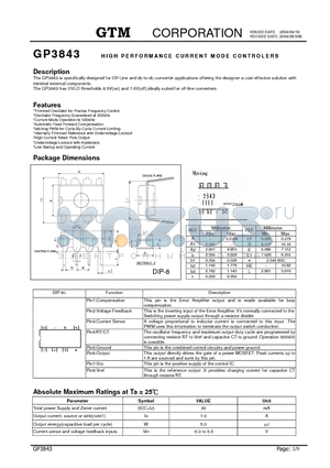 GP3843 datasheet - HIGH PERFORMANCE CURRENT MODE CONTROLERS